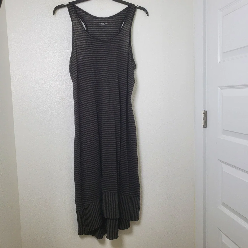 Eileen Fisher Striped‎ Linen Knit Racerback Tank Dress Grey Black Size Large
